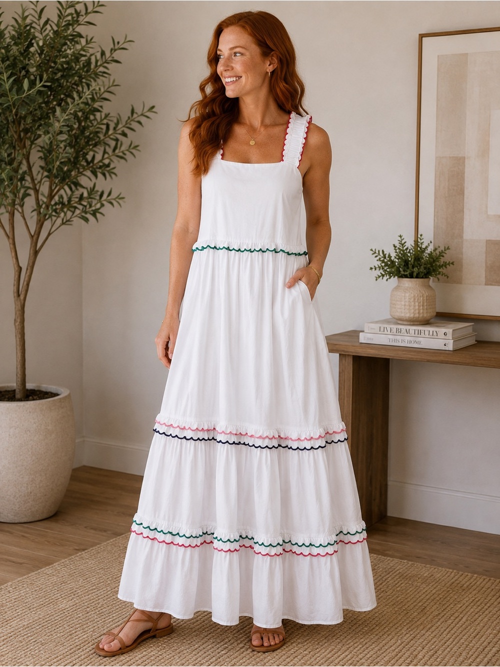 LOFT White Maxi Dress with Multicolor Scalloped Trim